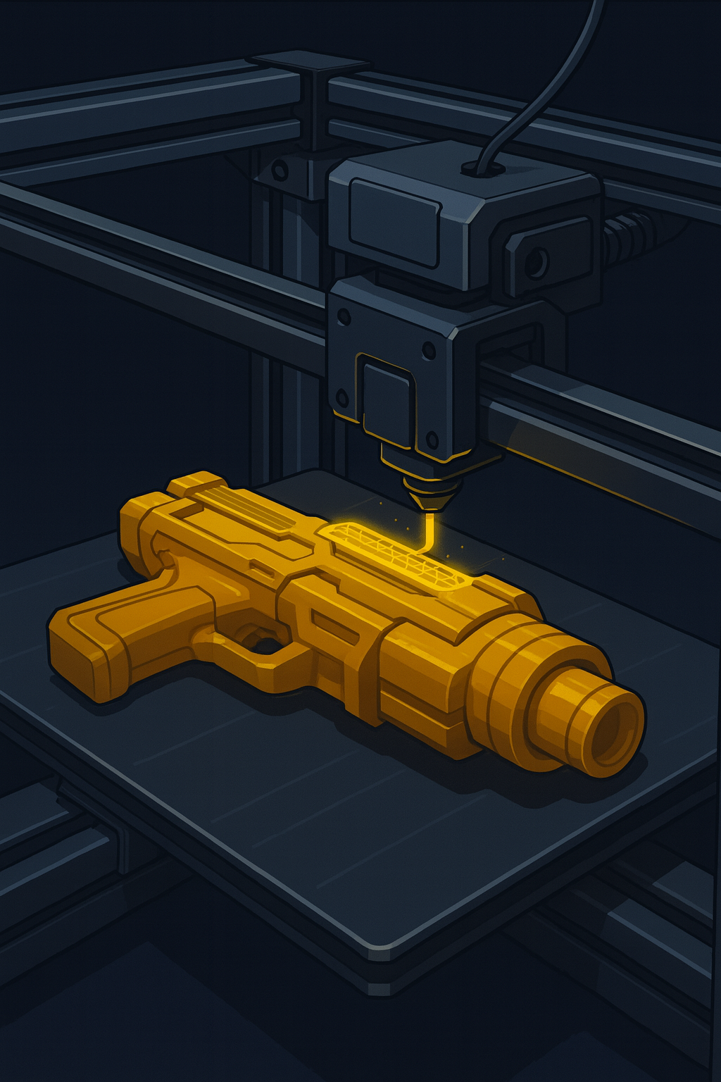 Stylized Core‑XY 3D printer building a sci‑fi blaster